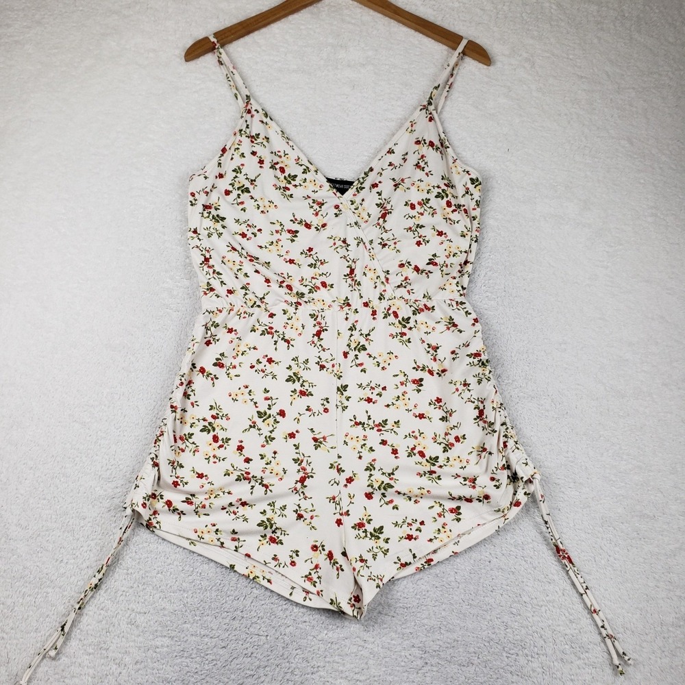 Streetwear Society Floral Romper White Red Yellow V-Neck Side Ruched L Boho